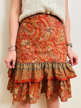 Vintage Chaps Floral Paisley Ruffle Tiered Midi Skirt Boho Rustic Cotton Skirt